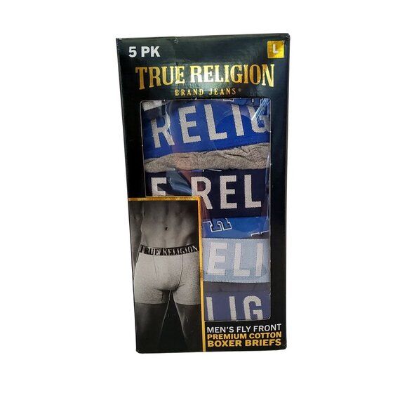 True Religion Mens Fly Front Premium Cotton Boxer Briefs 5-Pack Size Large - Picture 1 of 5